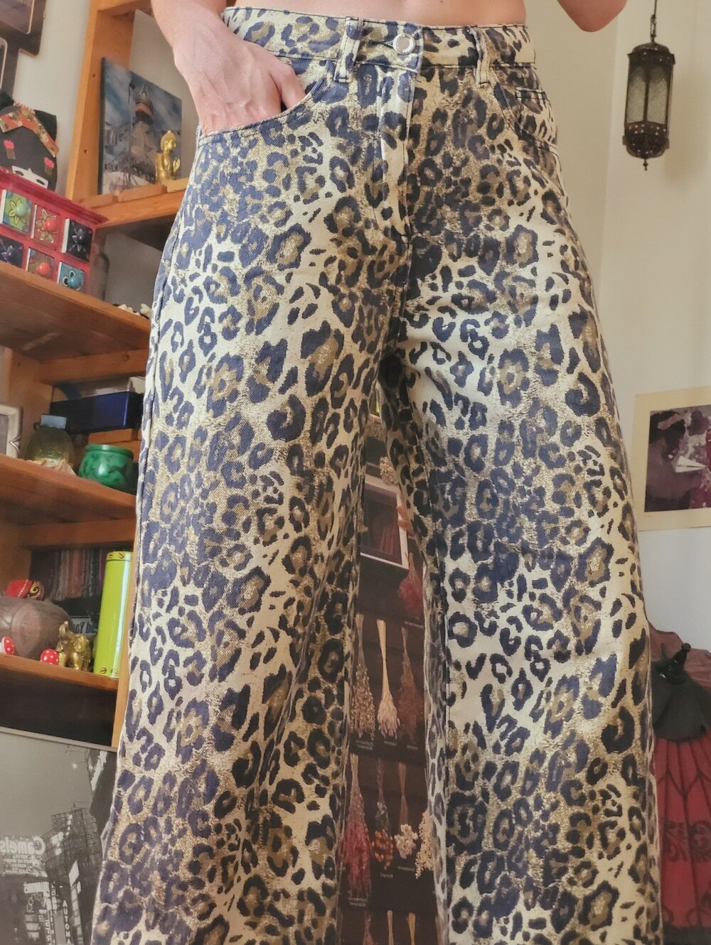 See See Paris Wide Leg Leopard Print Y2k Cotton Jeans - Tan/Black - Size 36 - Picture 2 of 9